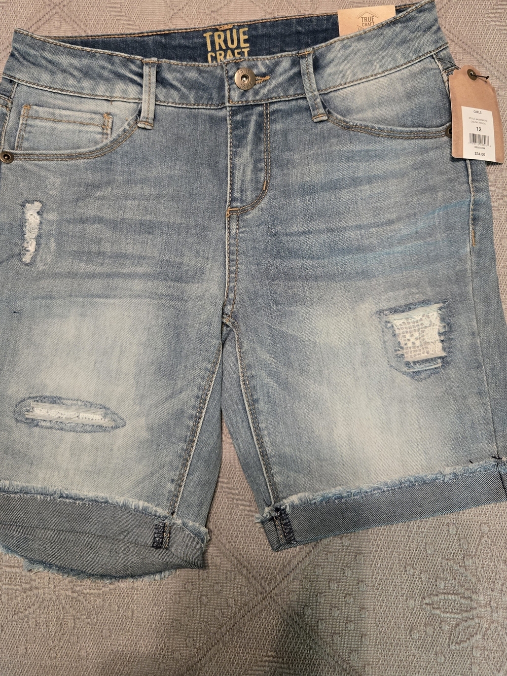 True Craft Light Wash Distressed Denim Bermuda Shorts with Lace.  Size 12